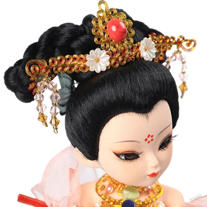 Detail of 9-inch Dunhuang doll's golden headdress with red gem, pearl, and flower accents.