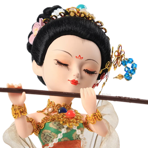 Head detail of 9-inch Dunhuang "Flute Song" doll playing flute.