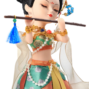 Right body and face detail of 9-inch Dunhuang "Flute Song" doll playing flute.