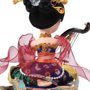 Back outfit detail of 9-inch handmade Dunhuang "Harp Melody" doll.