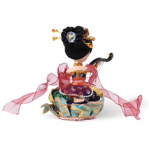 Back view of 9-inch handmade Dunhuang "Harp Melody" doll with detailed back skirt.