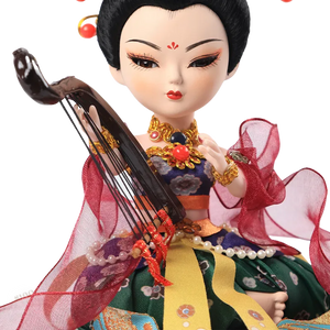 Front overall body detail of 9-inch Dunhuang "Harp Melody" doll showing pose and outfit.
