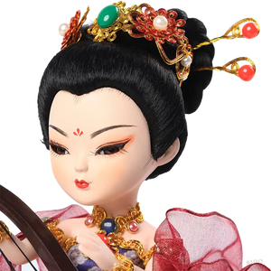 Closeup of 9-inch Dunhuang doll's left head with black hair and red hairpins.