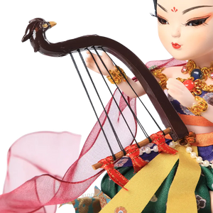 Left view of 9-inch Dunhuang doll playing harp with instrument and hand gesture detail.