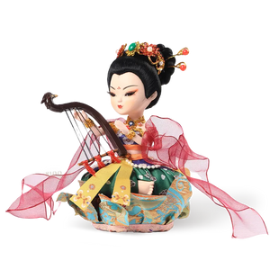 Left side view of 9-inch Dunhuang "Harp Melody" doll with flowing red ribbons.