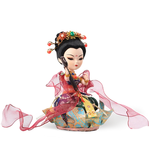 Right side view of 9-inch Dunhuang "Harp Melody" doll showing harp and green skirt.