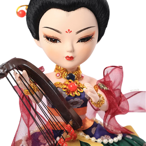 Front upper body detail of 9-inch Dunhuang "Harp Melody" doll with beaded necklace.