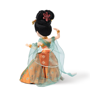 Back view of 9-inch handmade Dunhuang "Pipa Dance" doll with skirt details.