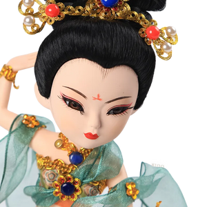Face closeup of 9-inch Dunhuang "Pipa Dance" doll with red beauty mark.