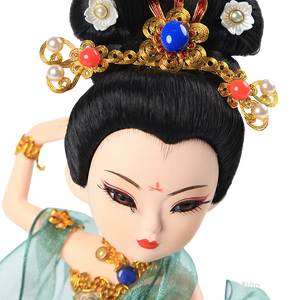 Head headdress detail of 9-inch Dunhuang "Pipa Dance" doll with jewels and flowers.