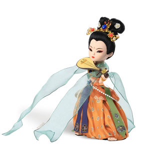 Left side view of 9-inch Dunhuang "Pipa Dance" doll with flowing green ribbons.
