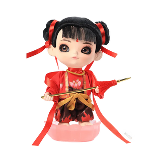 Front view of 9-inch Nezha Chinese doll holding weapon.