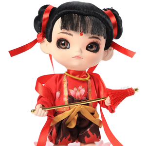 Head, body, and weapon details of 9-inch Nezha doll.