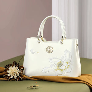 Embroidery Leather White Crossbody Tote Bag Lotus Luxury Gift - SinoCultural -- P120279