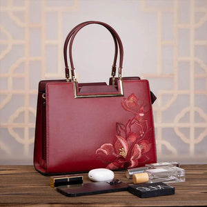 Sinocultural Embroidery Leather Red Tote Bag Magnolia Women's Handbag - SinoCultural -- P120346-1