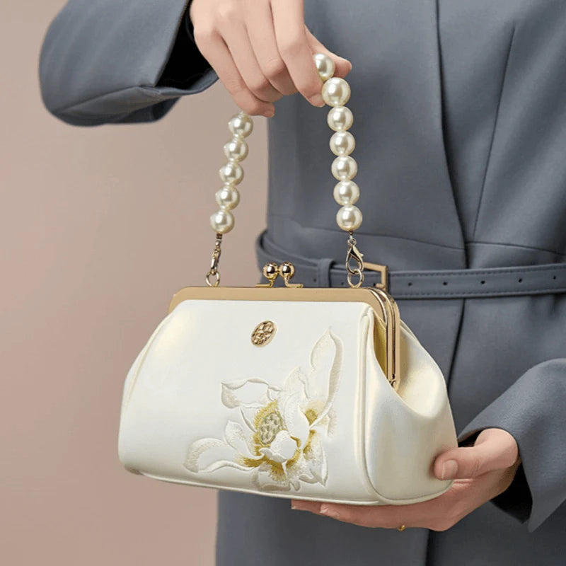 Embroidery Leather Kiss Lock Clutch Bag Lotus Evening Handbag - SinoCultural -- P220251