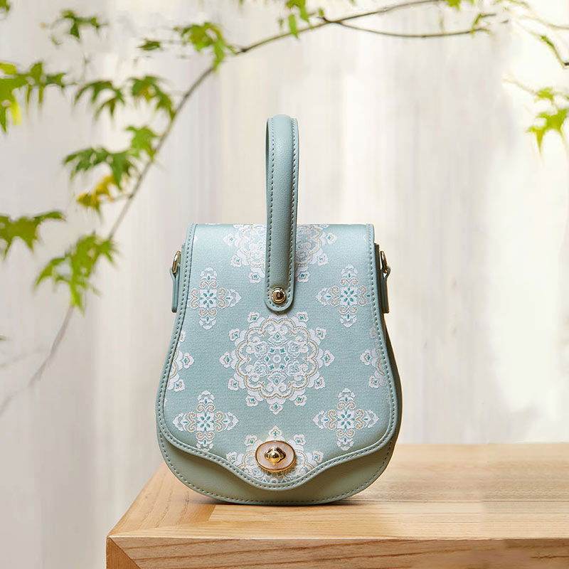 Brocade Jacquard Green Floral Designer Saddle Bag - SinoCultural -- P1206260402LG-1