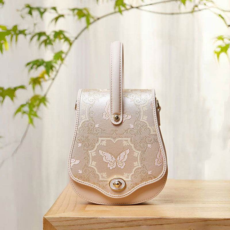 Brocade Jacquard Beige Butterfly Designer Saddle Bag - SinoCultural -- P1206260402LG-2