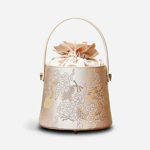 Brocade Jacquard Leather Drawstring Beige Bucket Bag Loong Pattern - SinoCultural -- P17061804-1