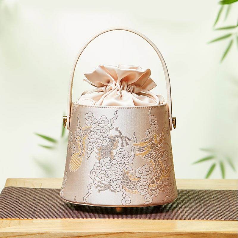 Brocade Jacquard Leather Drawstring Beige Bucket Bag Loong Pattern - SinoCultural -- P17061804-1