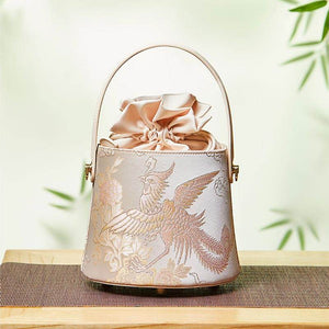 Brocade Jacquard Leather Drawstring Beige Bucket Bag Loong Pattern - SinoCultural -- P17061804-1
