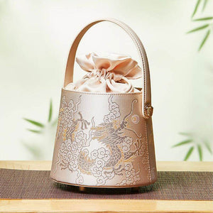 Brocade Jacquard Leather Drawstring Beige Bucket Bag Loong Pattern - SinoCultural -- P17061804-1