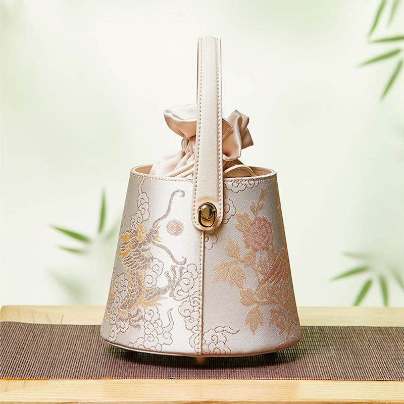 Brocade Jacquard Leather Drawstring Beige Bucket Bag Loong Pattern - SinoCultural -- P17061804-1