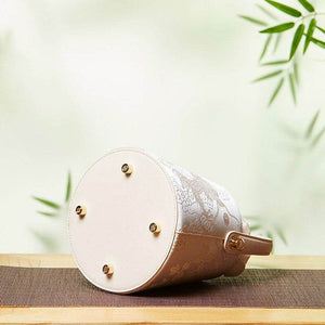 Brocade Jacquard Leather Drawstring Beige Bucket Bag Loong Pattern - SinoCultural -- P17061804-1