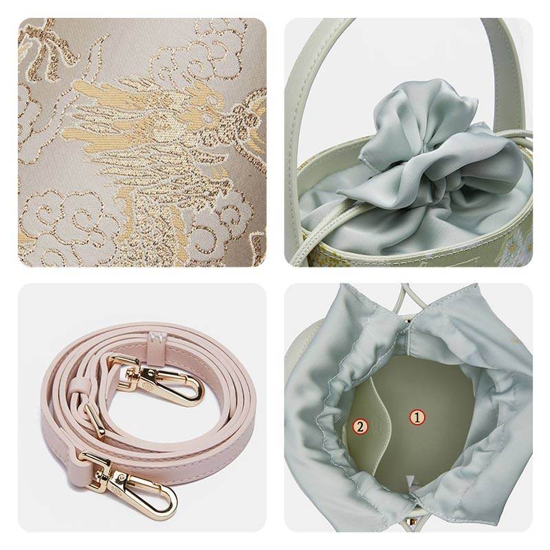 Brocade Jacquard Leather Drawstring Beige Bucket Bag Loong Pattern - SinoCultural -- P17061804-1