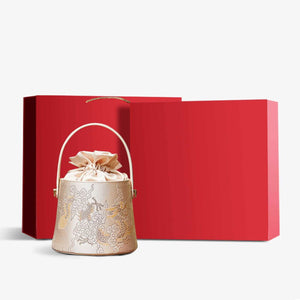 Brocade Jacquard Leather Drawstring Beige Bucket Bag Loong Pattern - SinoCultural -- P17061804-1