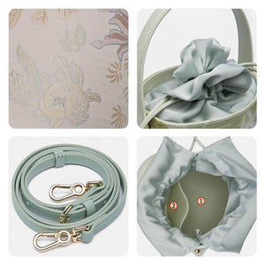 Brocade Jacquard Leather Drawstring Floral Powder Pink Bucket Bag - SinoCultural -- P17061804-1
