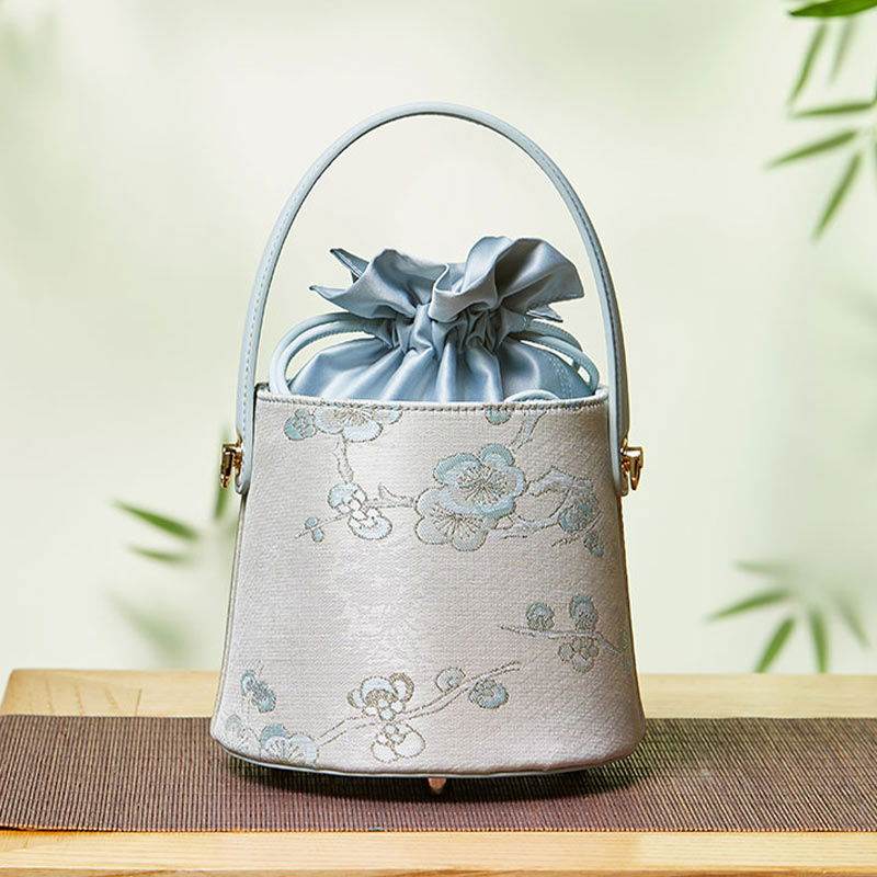 Brocade Jacquard Leather Drawstring Blue Butterfly Bucket Bag - SinoCultural -- P17061804-3