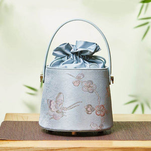 Brocade Jacquard Leather Drawstring Light Blue Butterfly Bucket Bag - SinoCultural -- P17061804-4