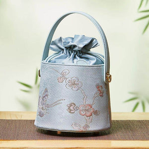 Brocade Jacquard Leather Drawstring Light Blue Butterfly Bucket Bag - SinoCultural -- P17061804-4