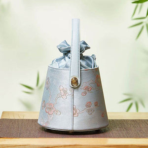Brocade Jacquard Leather Drawstring Light Blue Butterfly Bucket Bag - SinoCultural -- P17061804-4