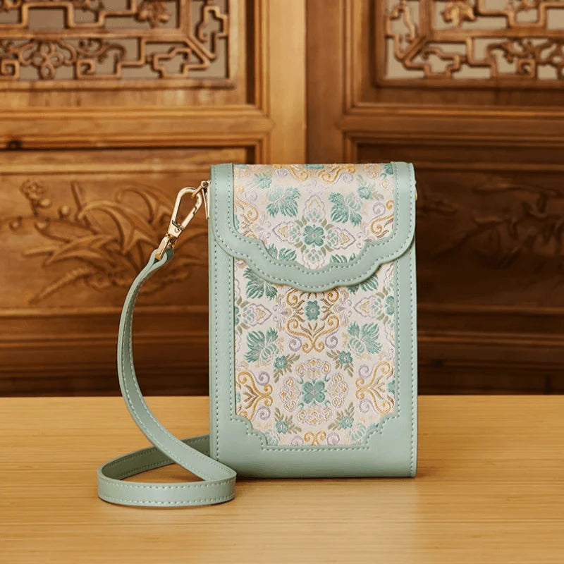 Brocade Jacquard Leather Bag Intricate Phone Chinese Wallet - SinoCultural -- JD240043-1