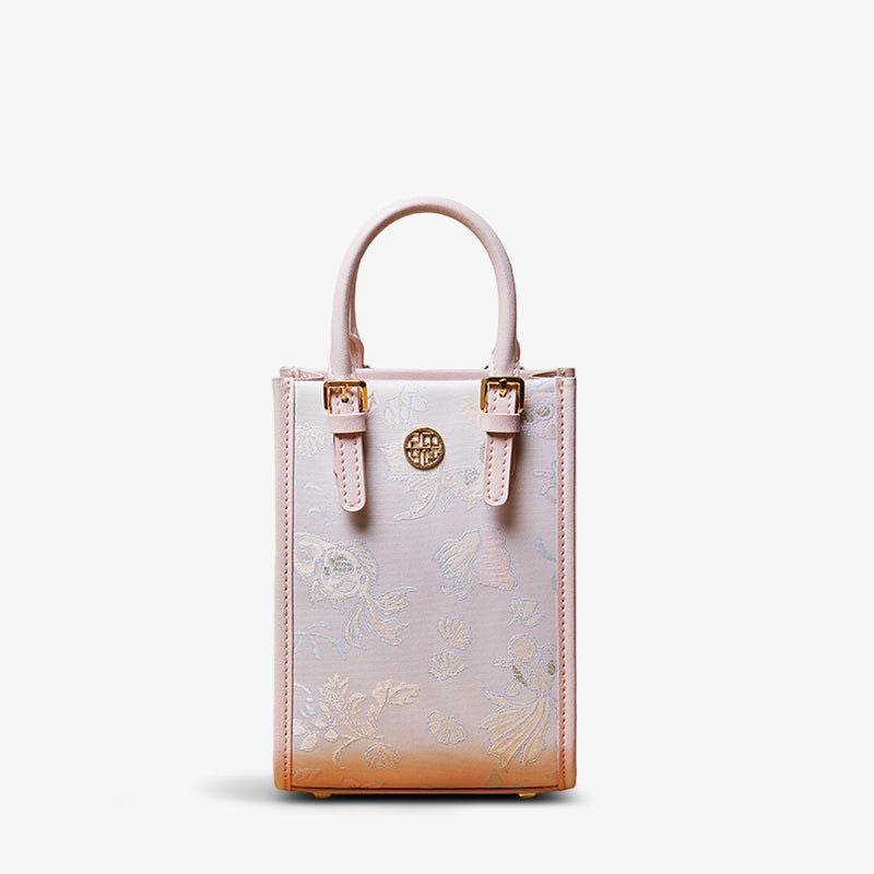 Brocade Jacquard Mulberry Silk Pink Women Floral Handbag - SinoCultural -- P12063904