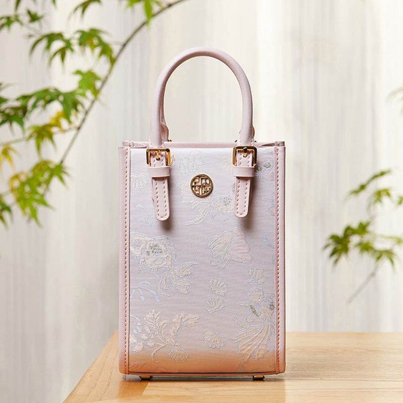 Brocade Jacquard Mulberry Silk Pink Women Floral Handbag - SinoCultural -- P12063904