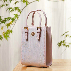 Brocade Jacquard Mulberry Silk Pink Women Floral Handbag - SinoCultural -- P12063904