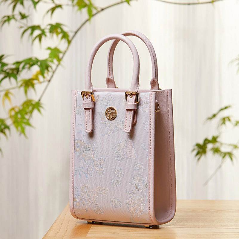 Brocade Jacquard Mulberry Silk Pink Women Floral Handbag - SinoCultural -- P12063904