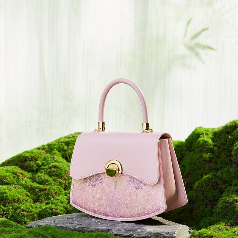 Brocade Mulberry Silk Bag Powder Pink Floral Designer Handbag - SinoCultural -- P12049004P-2