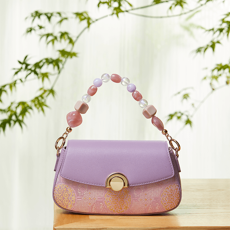 Brocade Mulberry Silk Chain Bag Purple Floral Handbag - SinoCultural -- P22028104P