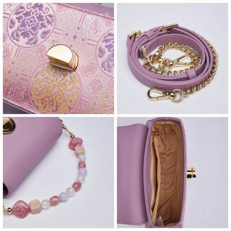 Brocade Mulberry Silk Chain Bag Purple Floral Handbag - SinoCultural -- P22028104P