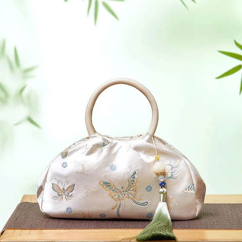 Brocade Chinese Style Designer Bag White Butterfly Handbag - SinoCultural -- P27061604-2