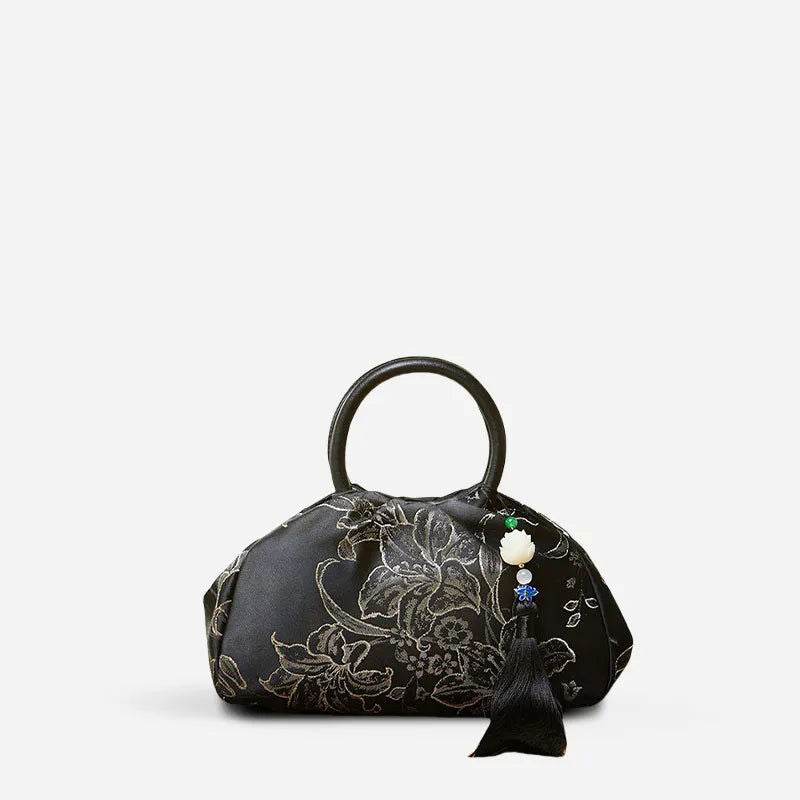 Brocade Chinese Style Bag Black Floral Handbag - SinoCultural -- P27061604-3