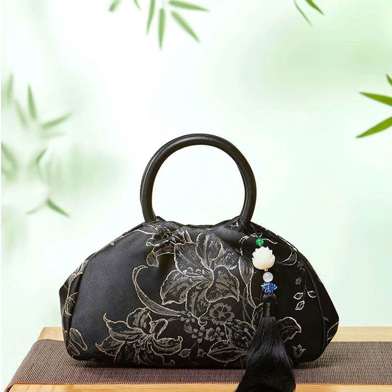 Brocade Chinese Style Bag Black Floral Handbag - SinoCultural -- P27061604-3