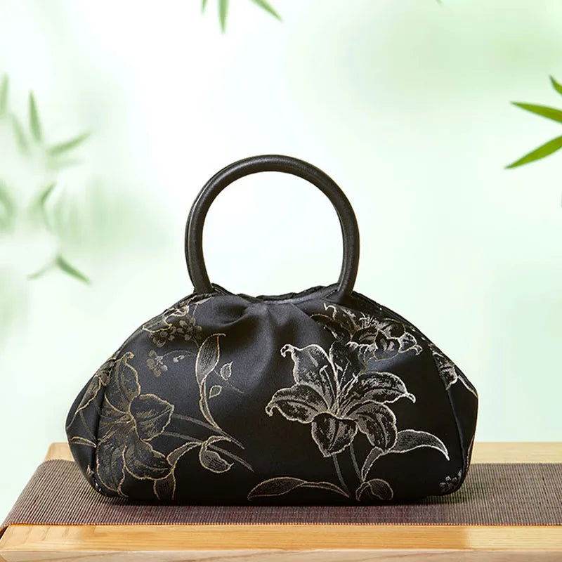 Brocade Chinese Style Bag Black Floral Handbag - SinoCultural -- P27061604-3