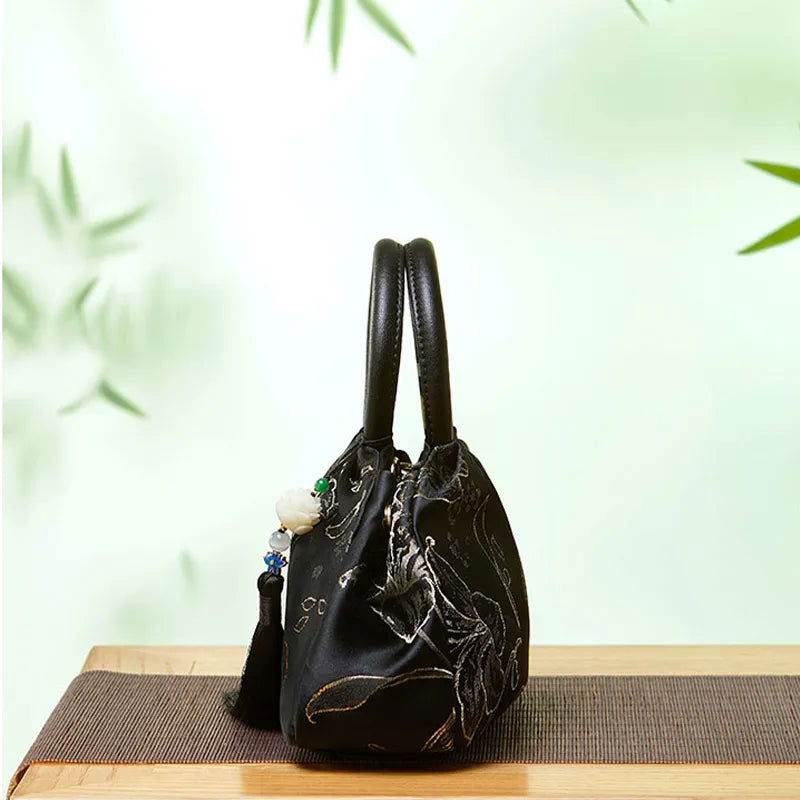 Brocade Chinese Style Bag Black Floral Handbag - SinoCultural -- P27061604-3