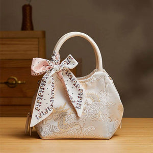 Brocade Silk Cute Pink Floral Bucket Bag Designer Handbag - SinoCultural -- P17020204