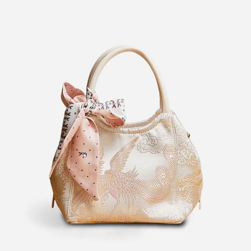 Brocade Jacquard Silk Powder Pink Phoenix Bucket Bag - SinoCultural -- P17020204-4